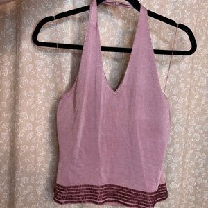 Y2K Dusty Pink Halter Top with Striped Hem and Bling